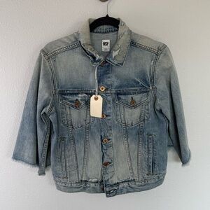 New NSF Denim Jacket Cropped Sleeves Raw Hem Distressed NWT Women’s Size Small